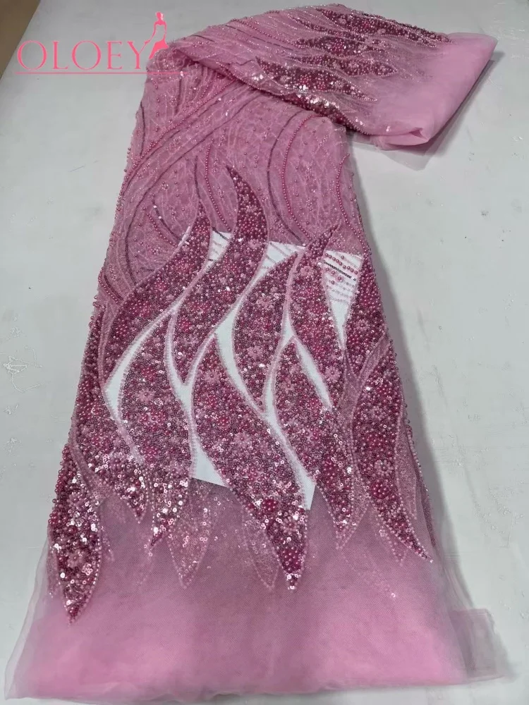 

OLOEY High-Quality African Nigerian Tulle Lace Fabric Sequins Embroidery French Guipure Prom/Wedding Party Dresses Beaded