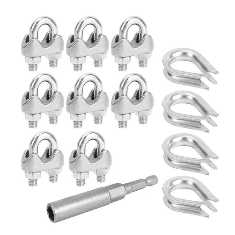 Stainless Steel Cable Clamp and Thimble Hardware with U-Bolt Fasteners and Nut Driver for Marine Boats Hardware and Awning Line
