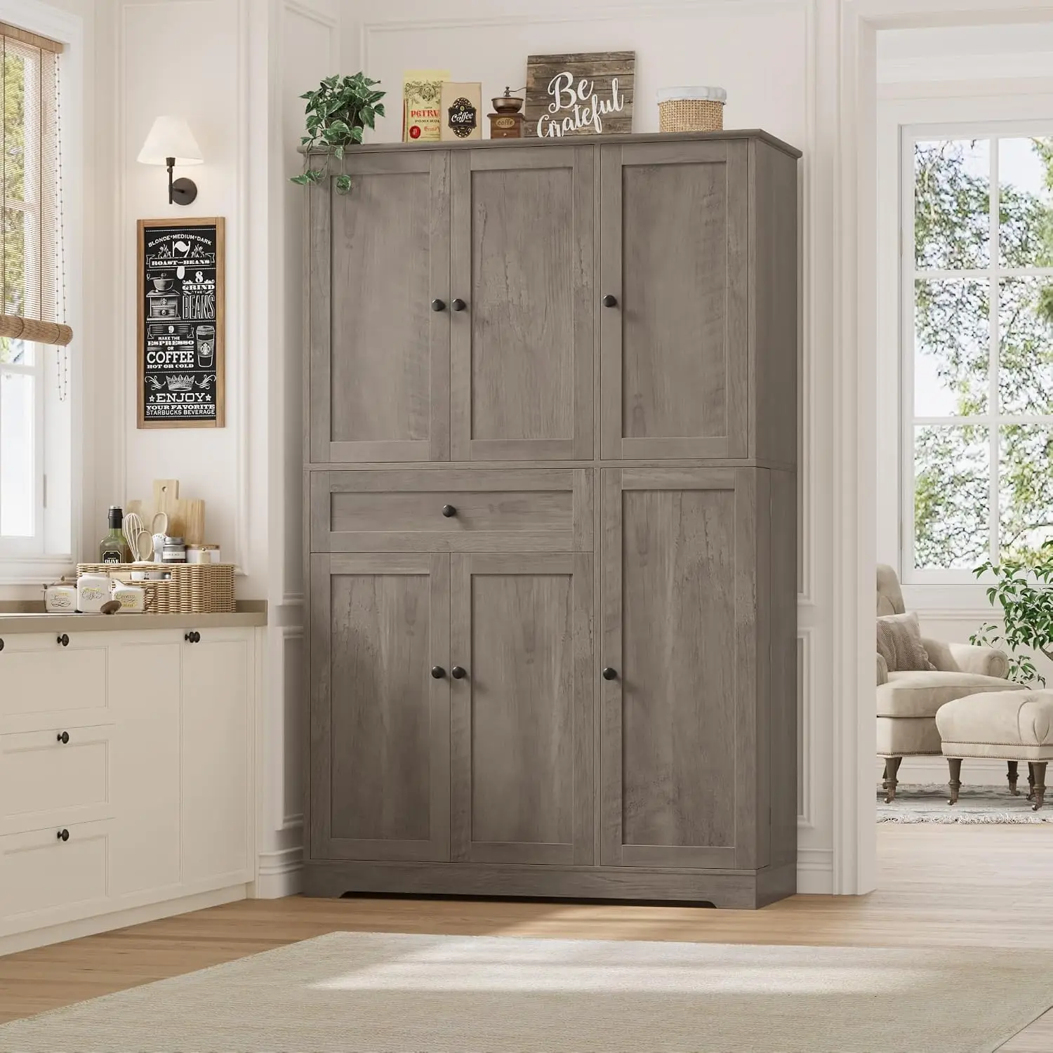Kitchen Pantry Storage Cabinet Countertop Display Organizer Holder Storage Rack Frame With Doors Shelves Drawer Freestanding Food Storage Cupboard For Dining Living Room Ash Gray