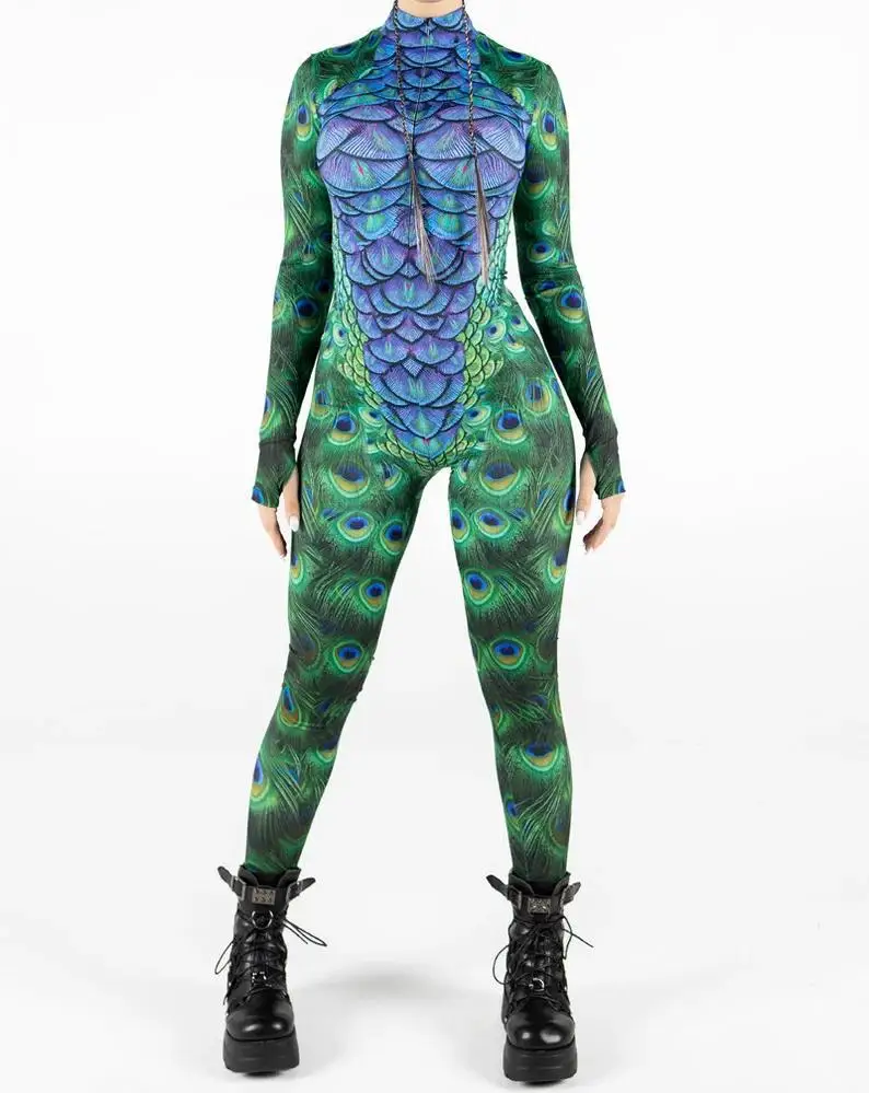 Halloween Damen Cyberpunk Roter Pfauenfeder-Jumpsuit Party Rollenspiel Steampunk Halloween Festtagskostüm Stretch-Bodysuit – Detail 4