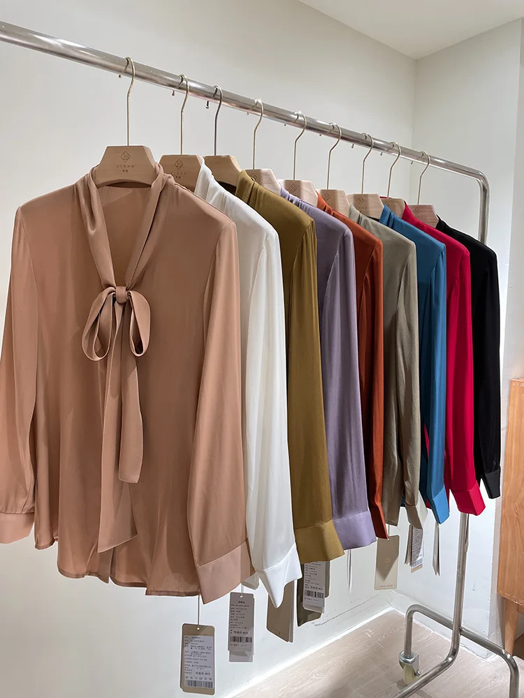 

office lady high quality real silk 100% shirts and blouses long sleeved 2022 new design tops with bow collar shirts
