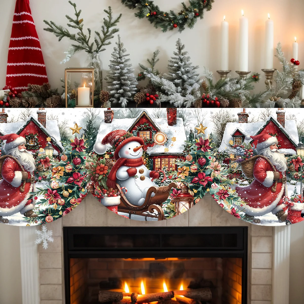 VIKAMA Christmas Rustic Santa Snowman Cabin Fireplace Mantel Scarf Fireplace Shelf Cover for Spooky Halloween Fall Home Party