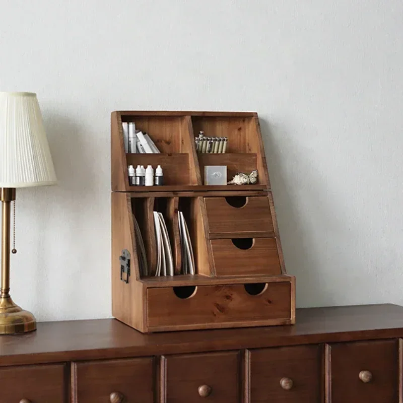 Umklappbarer Schreibtisch-Organizer aus massivem Holz mit Schubladen für Schreibtischspind aus der Mitte des Jahrhunderts, Vintage-Vitrine, mehrschichtiges Lagerregal