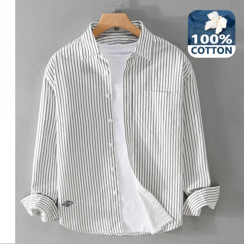 

2024 Spring Autumn New Cargo Striped Long Sleeve Shirts for Men Clothing 100% Cotton Casual Soft Streetwear FY9678