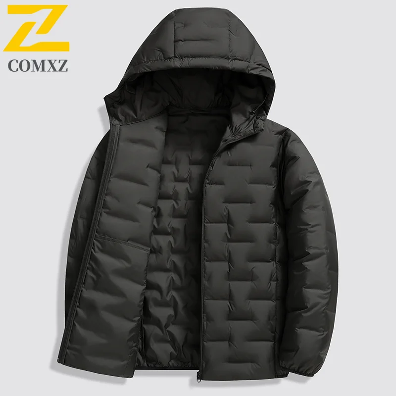 COMXZ Mens Short Down Jacket Ultra Light Outdoor Work Cold Resistant Puffer Jackets Hooded Business Casual Warm Winter Coat