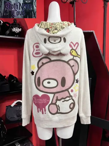 Retro Cartoon Gloomyed Bear Hoodie Women Sweet Cool Zip Sweatshirt Long Sleeve Fleece Jacket for Autumn Winter Subculture Style