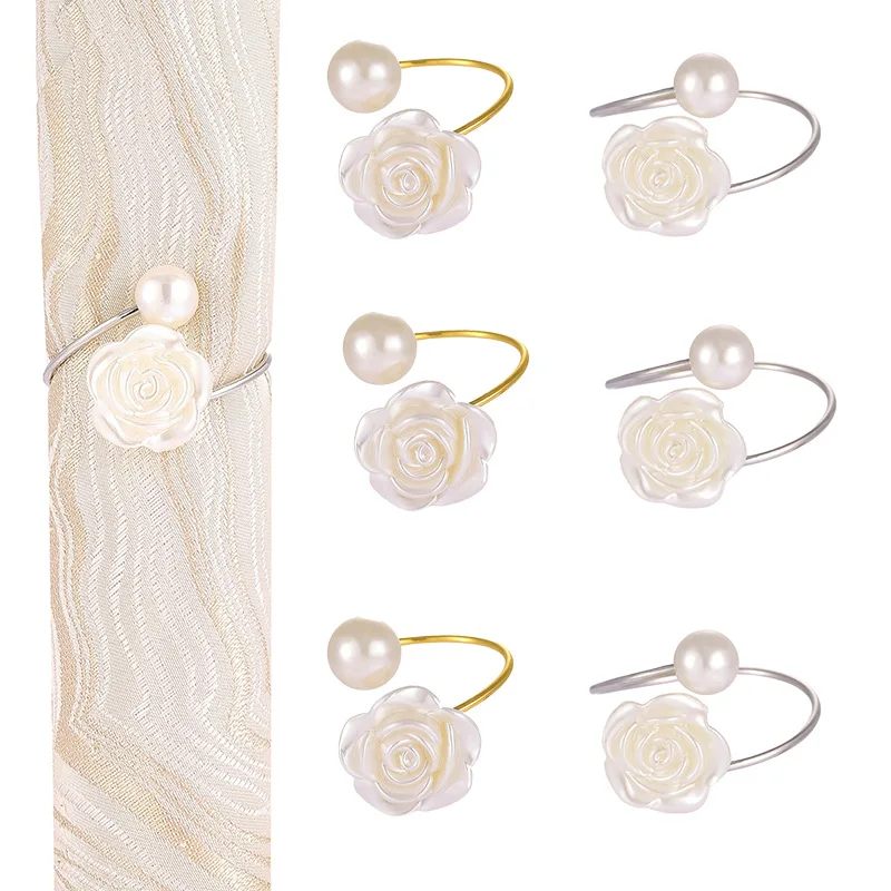 6pcs Rose Imitation Pearl Napkin Rings, Elegant Metal Serviette Holders for Wedding Banquet Dinner Table Decor