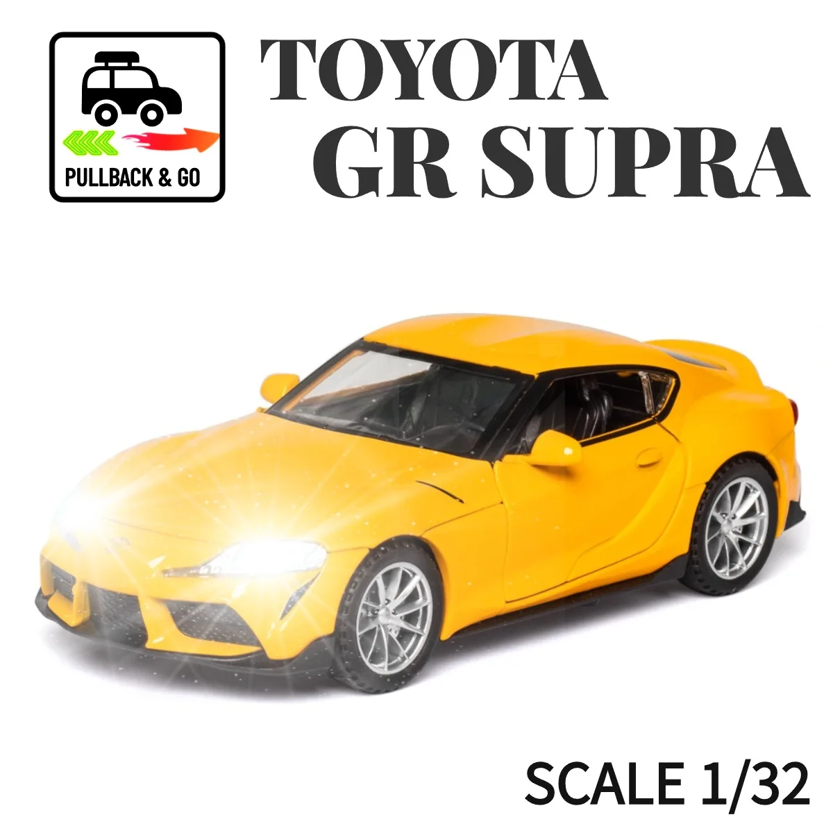 

Toyota GR Supra Scale 1:32 Pullback Car Toy with Lights Engine Sound Metal Diecast Car Model Gift Kid Boy Toy