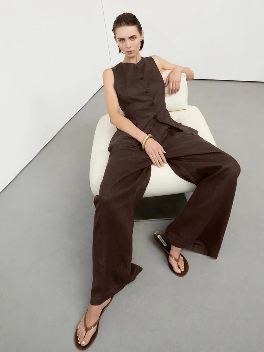 Marthaqiqi Brown Female Nightgowns Suit O-Neck Sleepwear Tank Tops Pajamas Sleeveless Nightwear Pants Casual Women Nightie Sets