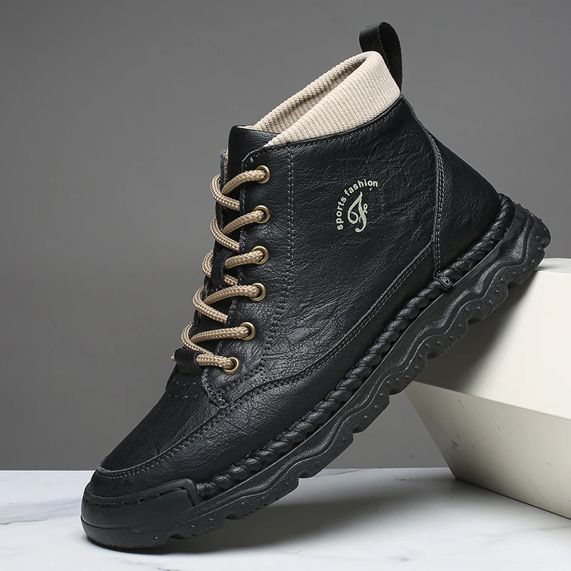 

High Quality Mens Breathable Outdoor Casual Leather Boots Fashionable Autumn Comfortable Lace Up Soft Soled High Top Short Boots