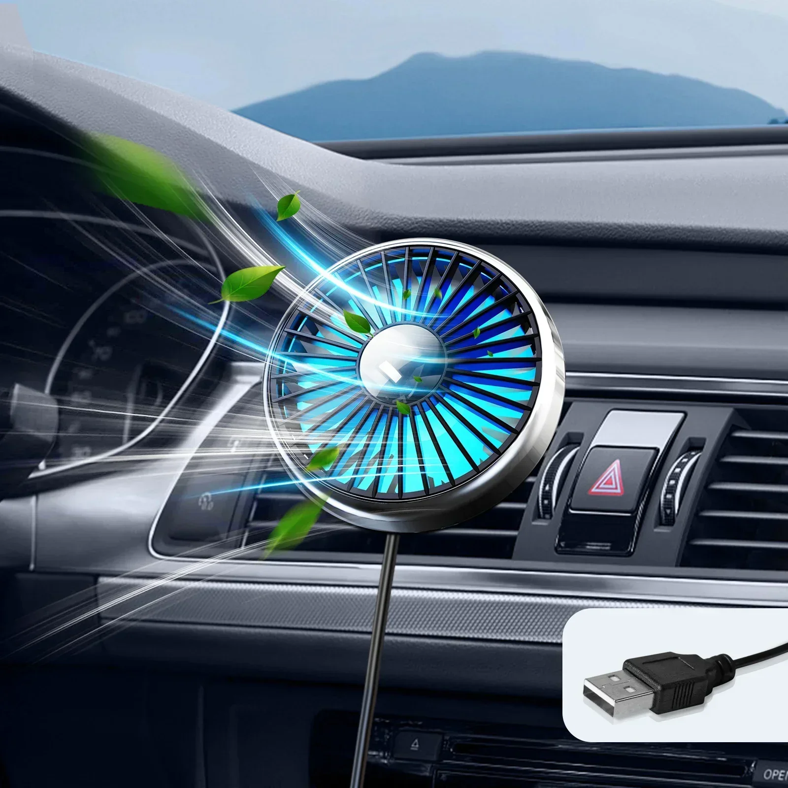 USB Car Air Vent Clip Fan 3 Speed Cooling Fan 360 Rotatable Silent Auto Air Cooler with Colorful LED Light for Rear Seat Amagi