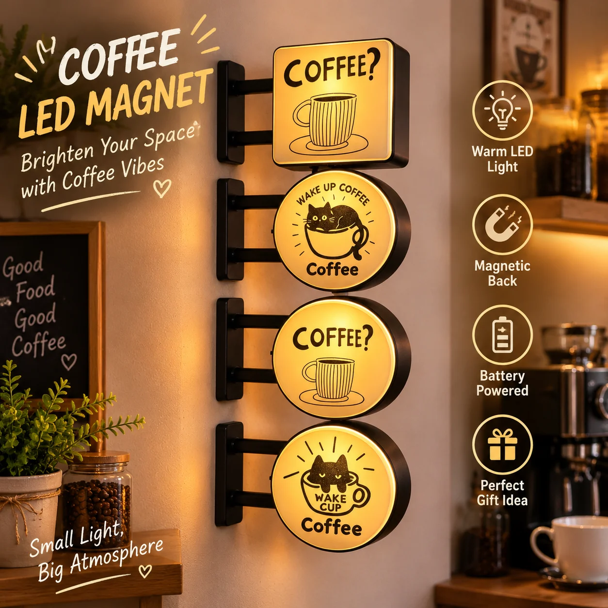 Cat Coffee Magnetic Night Light Mini Light Box Sign Light Up Refrigerator Magnet For Coffee Machine