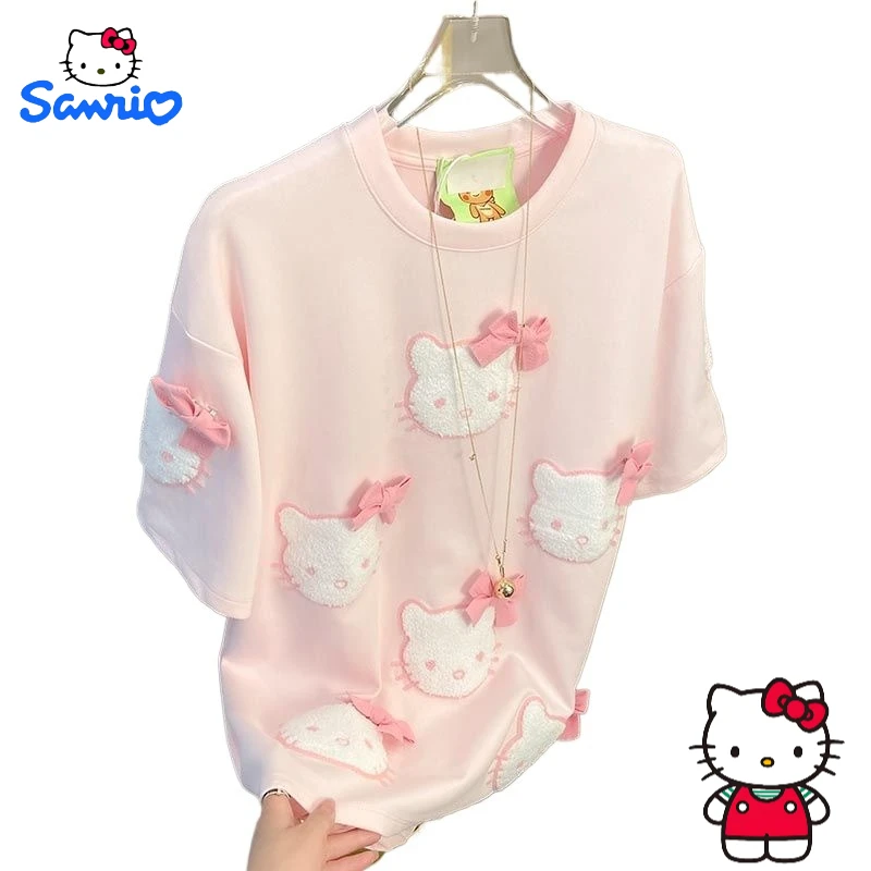 

Hello kitty large size cartoon bow embroidered short-sleeved T-shirt men and women loose couple casual cute kawaii top gift