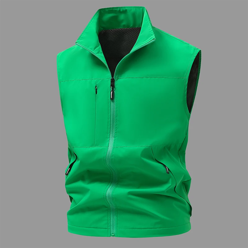 Men Stand Collar Zipper Vest Outdoor Breathable Sleeveless Jacket Multi Pockets Solid Color Lightweight Waistcoat For Hiking Fis