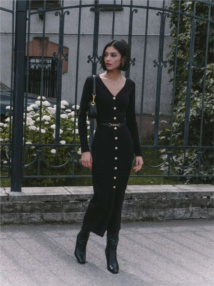 Elegant Evening Dress Women V Neck Long Sleeve Button Sweater Dresses 2024 Autumn Winter Maxi Knitted Long Slim Robes Vestidos