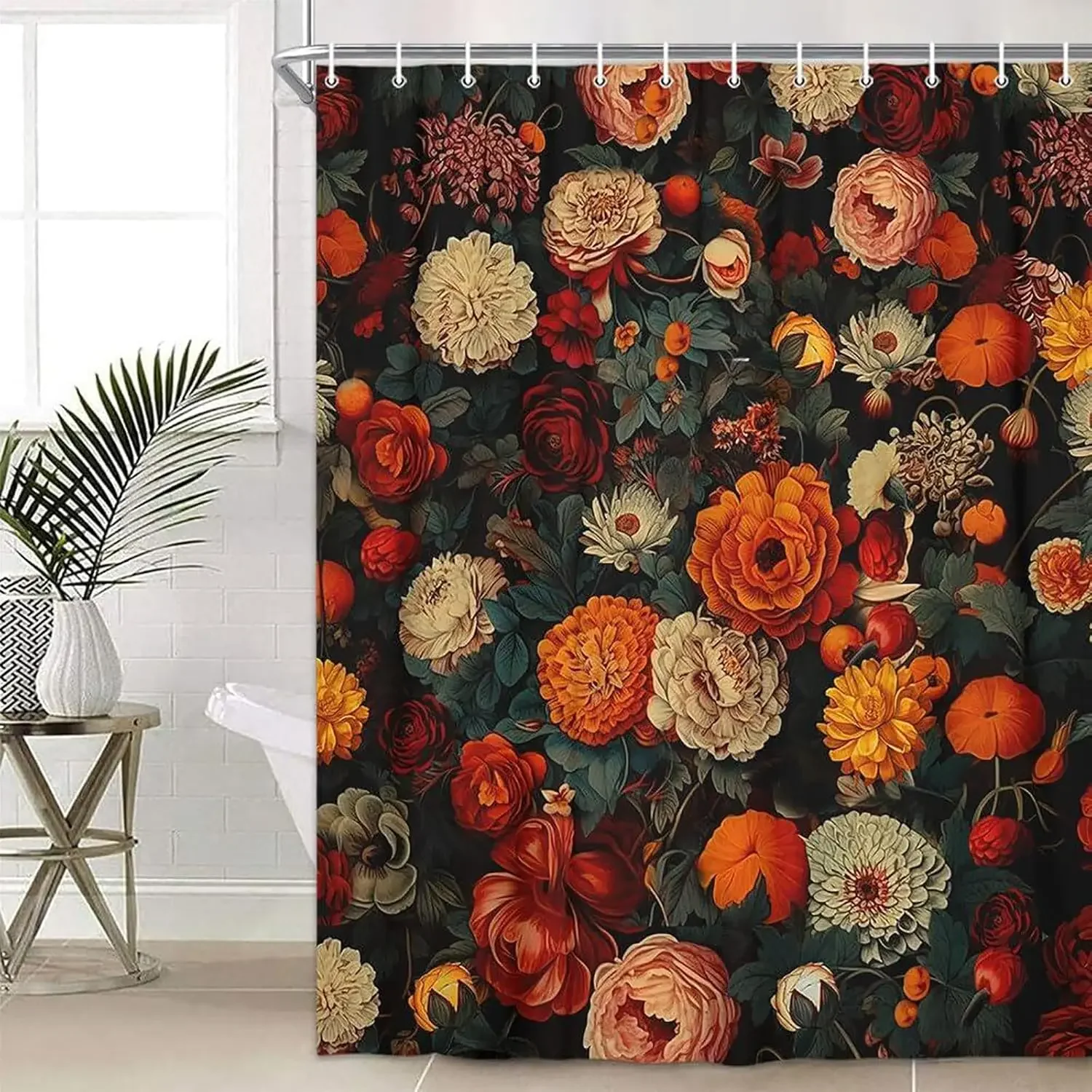 Vintage Floral Shower Curtain suit Red Floral Plant Bathroom Shower Curtain, Bohemian Style Bathroom Decoration 180X180CM