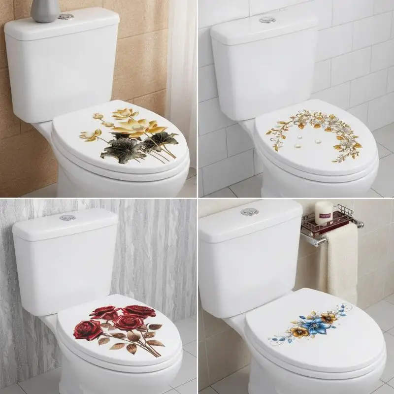 Floral Toilet Sticker Waterproof Removable Self-Adhesive Toilet Lid Wall Decal for Budget Bathroom Home Upgrade