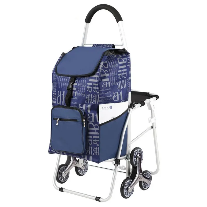 Folding Pull Cart with Seat - Aluminum Alloy Shopping Trolley with Waterproof Oxford Bag, Climbing Wheels, Portable Design