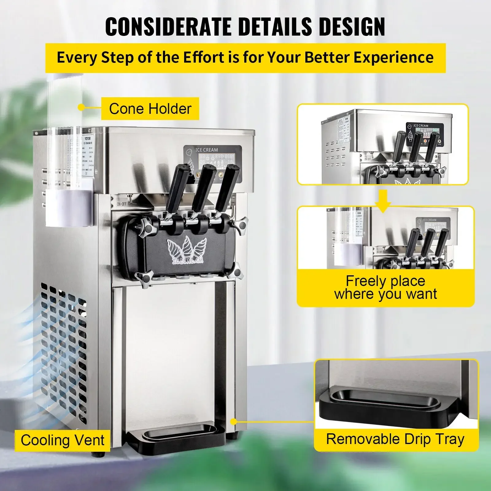VEVOR ใหม่ Commercial Soft Serve Ice Cream Machine สําหรับขายทอดม้วน Home Instant Ice Cream Machine 220V สแตนเลส