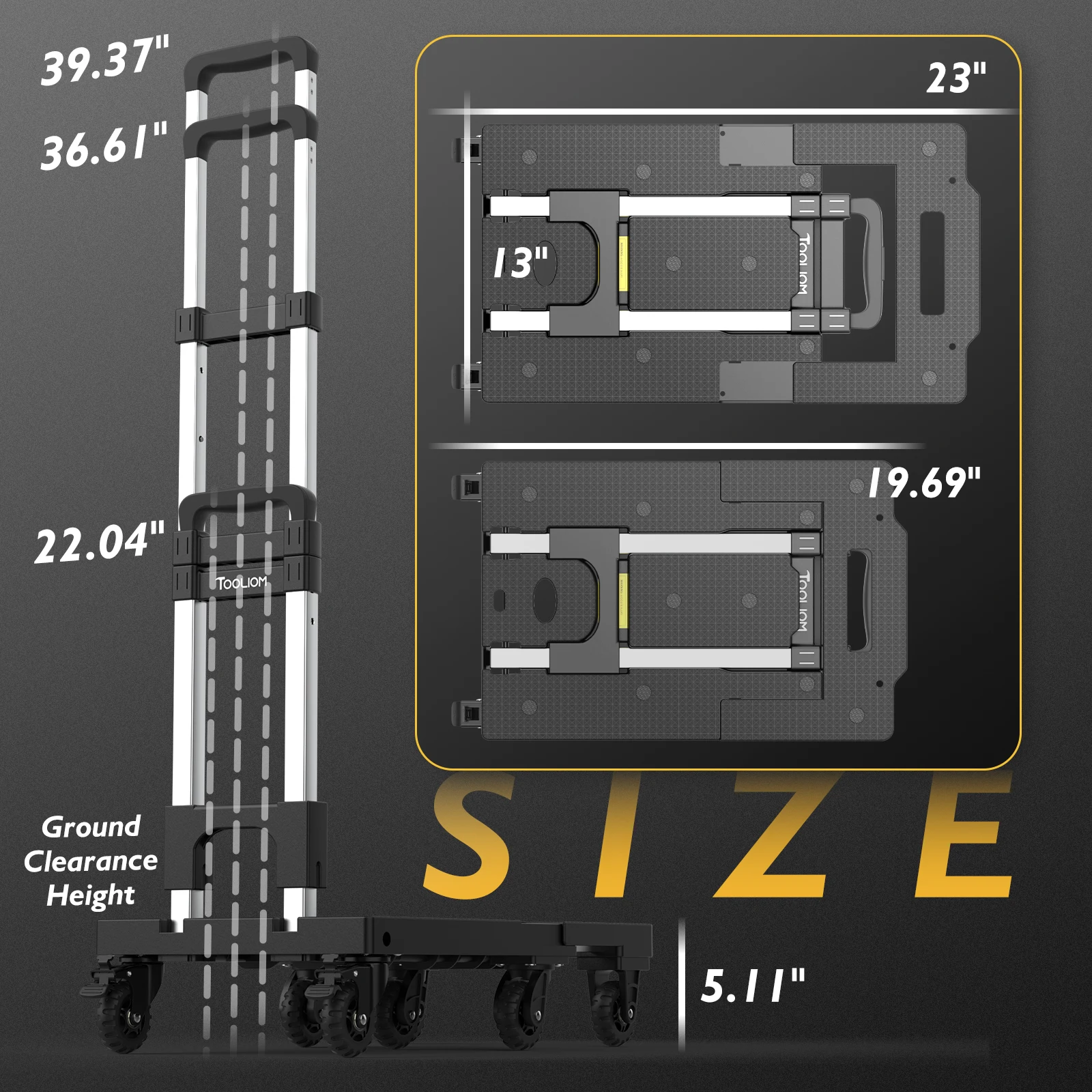 TOOLIOM 600LB Folding Hand Truck, Heavy Duty Collapsible Dolly Cart with 7 Wheels & Extendable Base