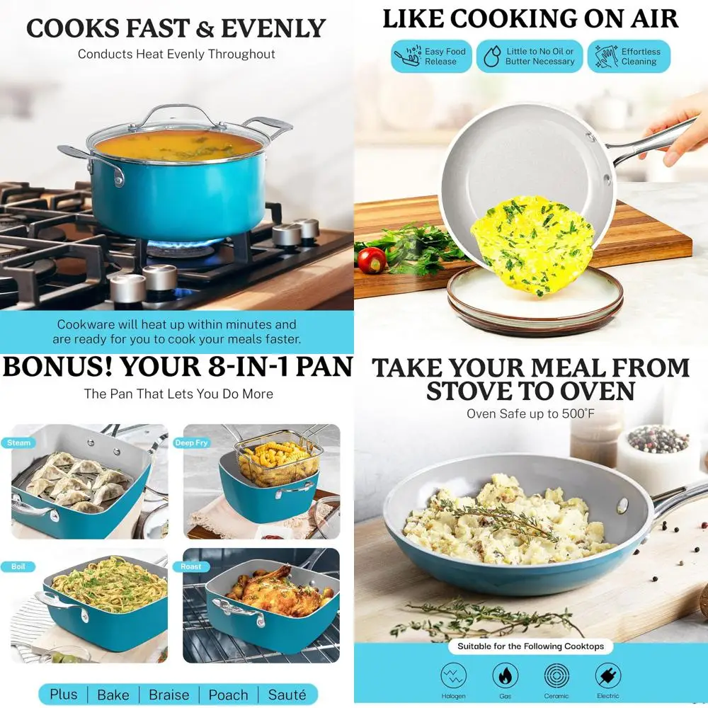 

Aqua Blue 20-Piece Nonstick Ceramic Cookware Set with Pots and Pans, Dishwasher Safe