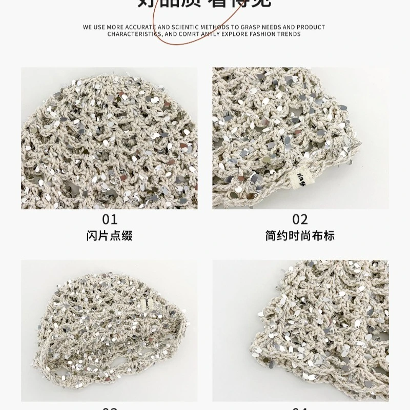 Koreanische handgemachte gehäkelte, hohle, mit Pailletten verzierte Pullover-Mütze für Damen, Sommer- und Herbst-Kuppelmütze, atmungsaktive Strickmütze. – Detail 6