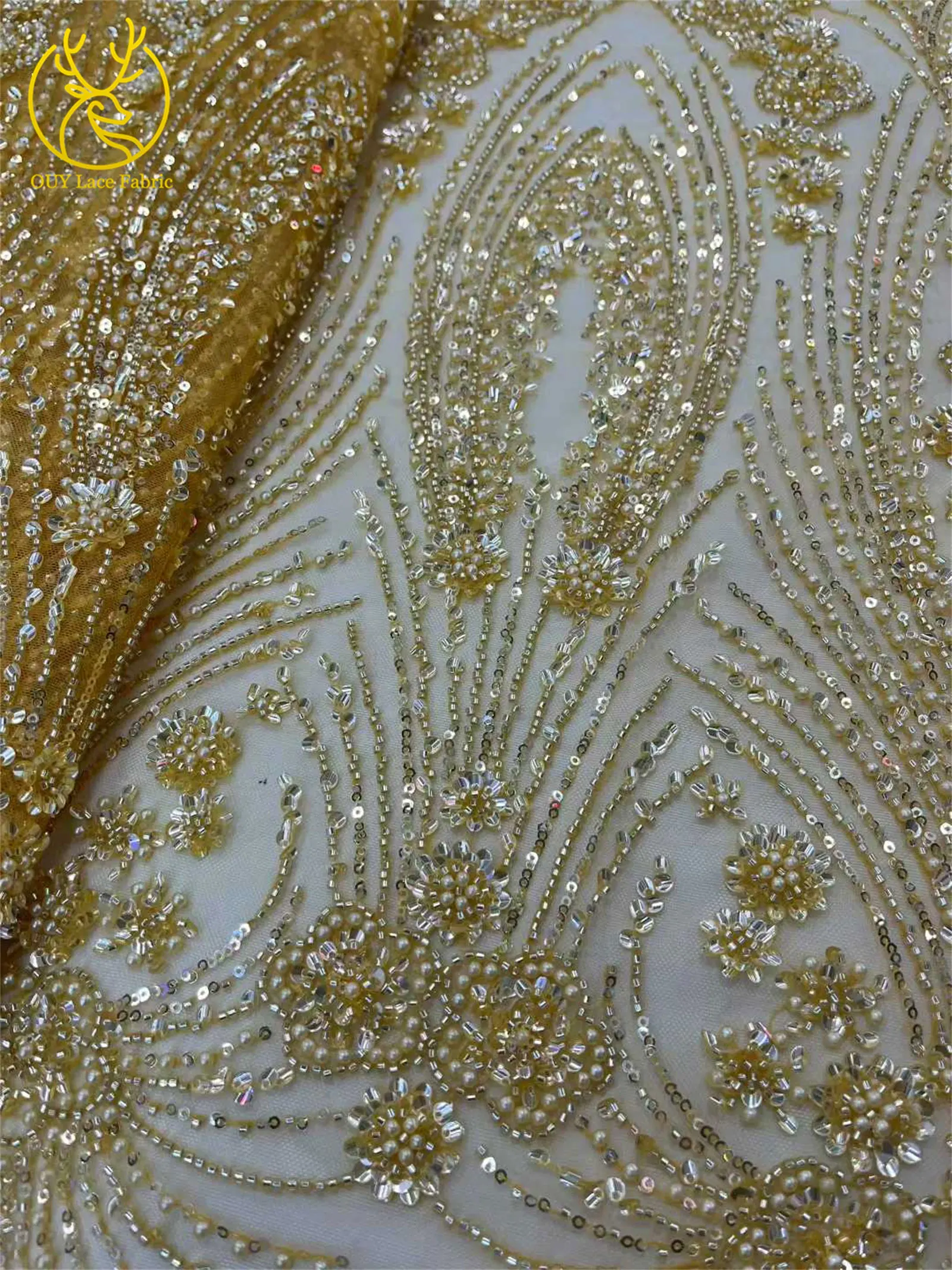 Luxury African Beaded Lace Fabric 2025 Gold Luxury French Nigerian Sequins Mesh Tulle Lace Fabric Wedding Party Dress 5 Yards