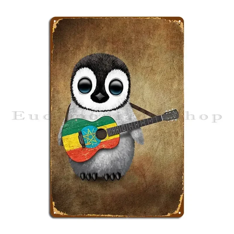 Baby Penguin Playing Ethiopian Flag Guitar Metal Sign Wall Decor Cinema Home Funny Printed Tin Sign Poster