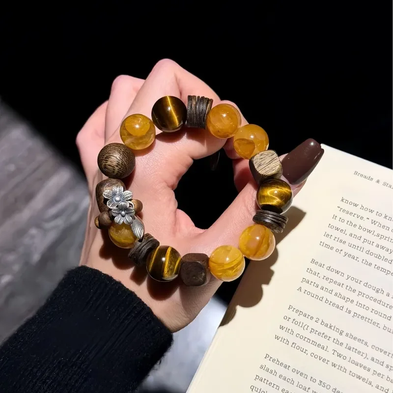 Xanthate flower crystal bracelet, agarwood sandalwood yellow tiger eye natural crystal bracelet, women's light luxury