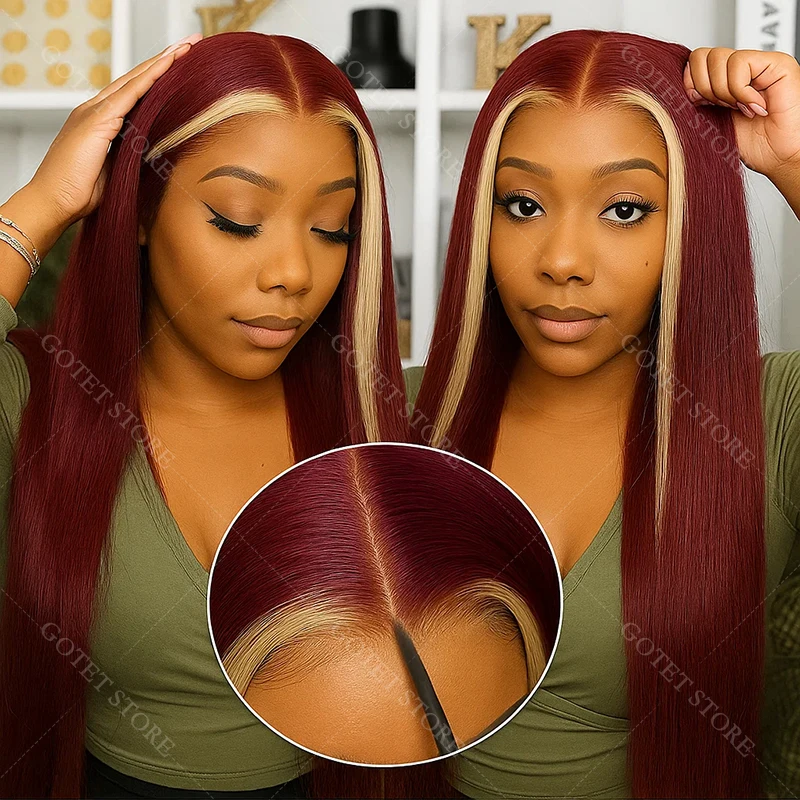 Pelucas delanteras de encaje 613/99J cabello humano prearrancado Borgoña 13x6 HD pelucas delanteras de encaje cabello humano pelucas rectas resaltadas vino rojo