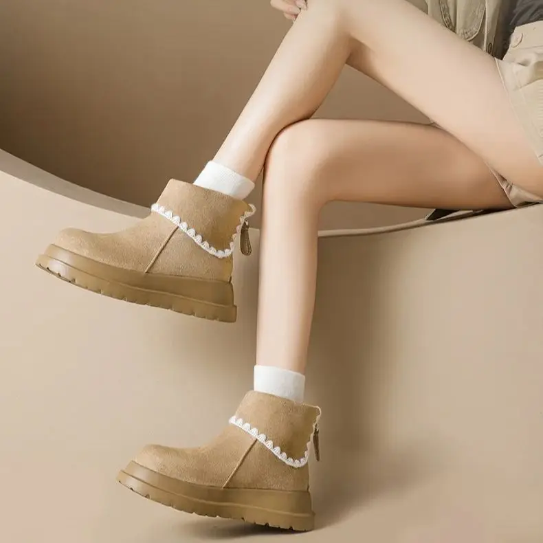 Women's Chunky-Soled Snow Boots Autumn Winter Melange Fleece Boots Warm Soft  Durable