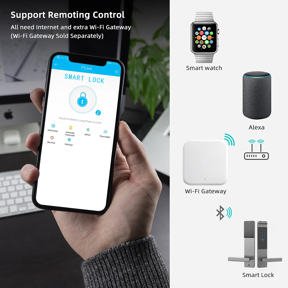 Serrure électronique numérique connectée par Bluetooth, avec l'application TTlock, wi-fi
