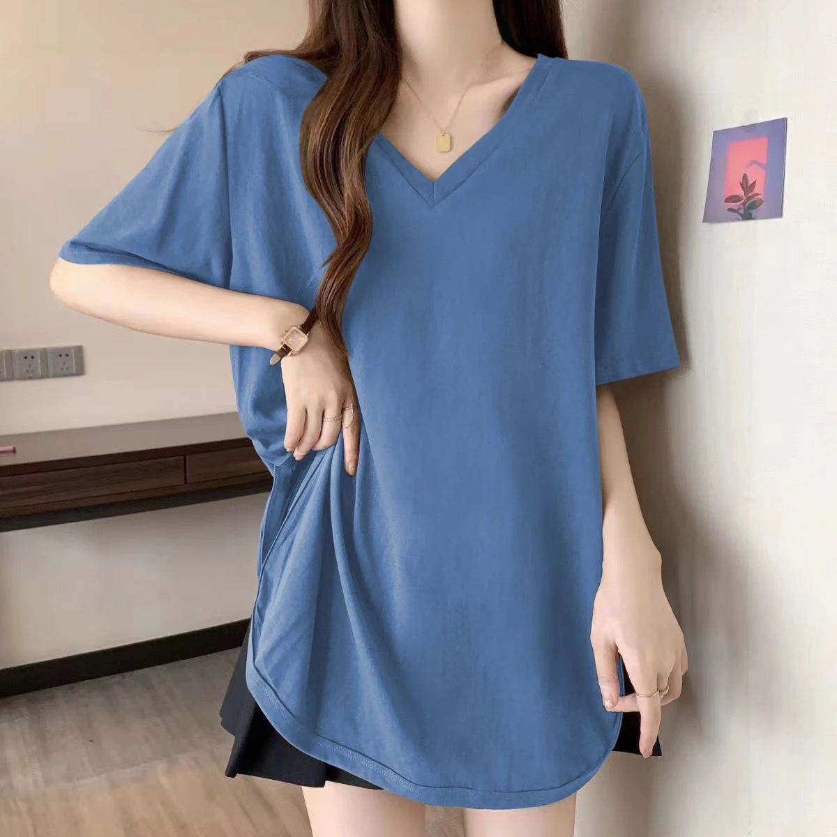 Slimming V-Neck Short Sleeve T-Shirt for Women Mid-Length Casual Loose Fit Polyester Summer Top Cover Belly Versatile Shoulder