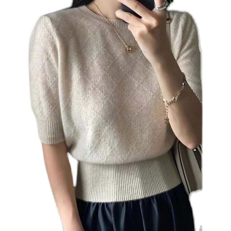 Cashmere knit short sleeve women\'s bottom loose  half sleeve T-shirt spring and autumn pullover short wool sweater