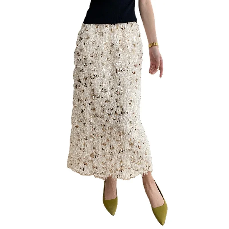 Back Split Half Skirt Women's 2024 Early Spring New French Personalized Atmosphere Sparkling Feather Long Half Skirt Party