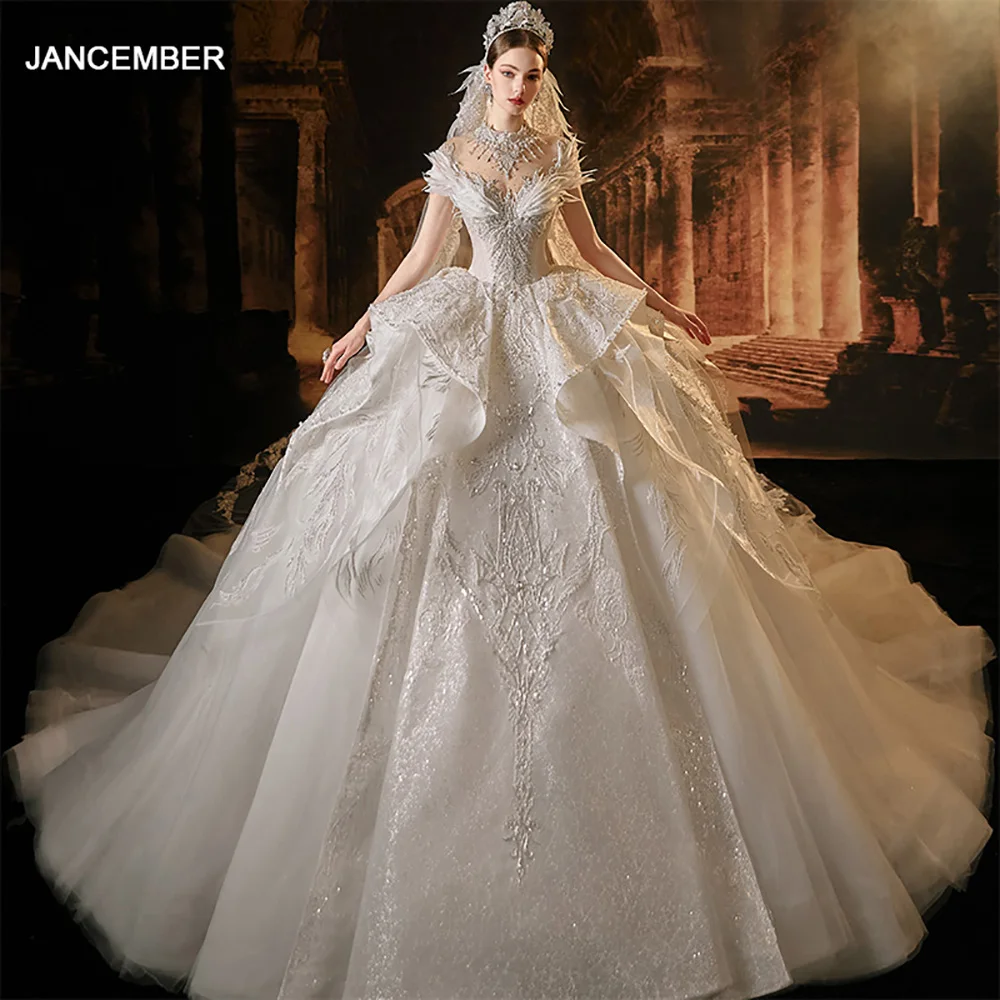 Jancember Popular Design First-rate Wedding Dresses O-Neck Short Sleeves Beading Crystal Sequined Vestidos De Novia LSMX018