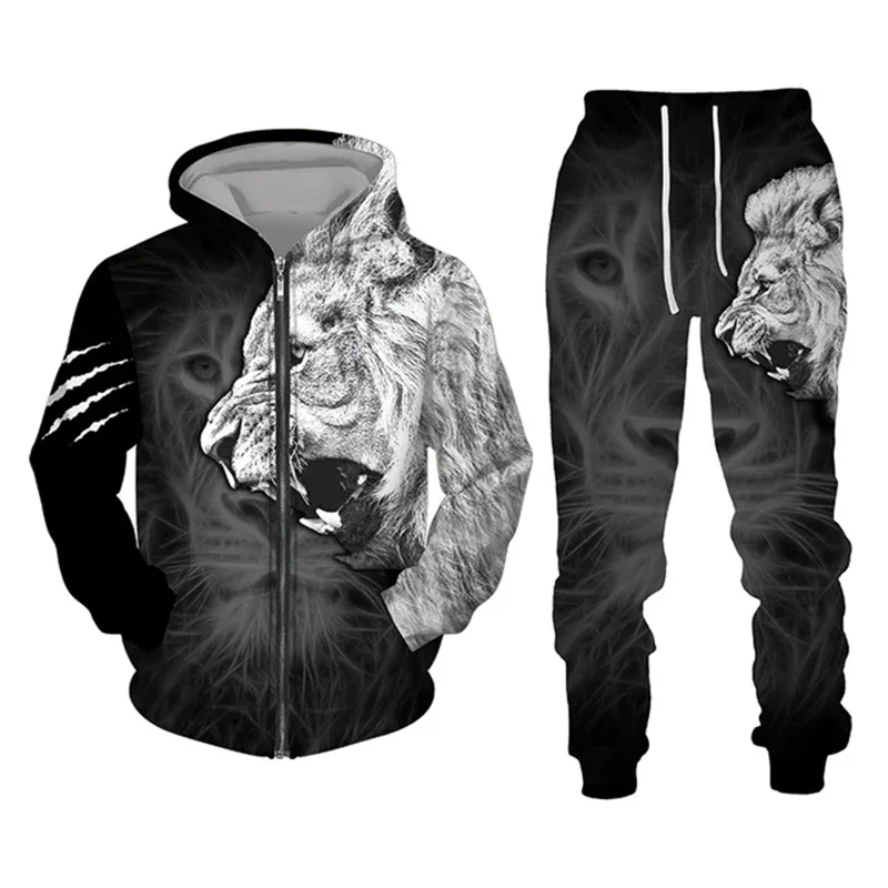 Men's Zip Hoodie Tracksuit Full Hoodies Set Lion Graphic Zipper 2 Piece Hooded Sports Outdoor Casual Sports 3D Print Streetwear