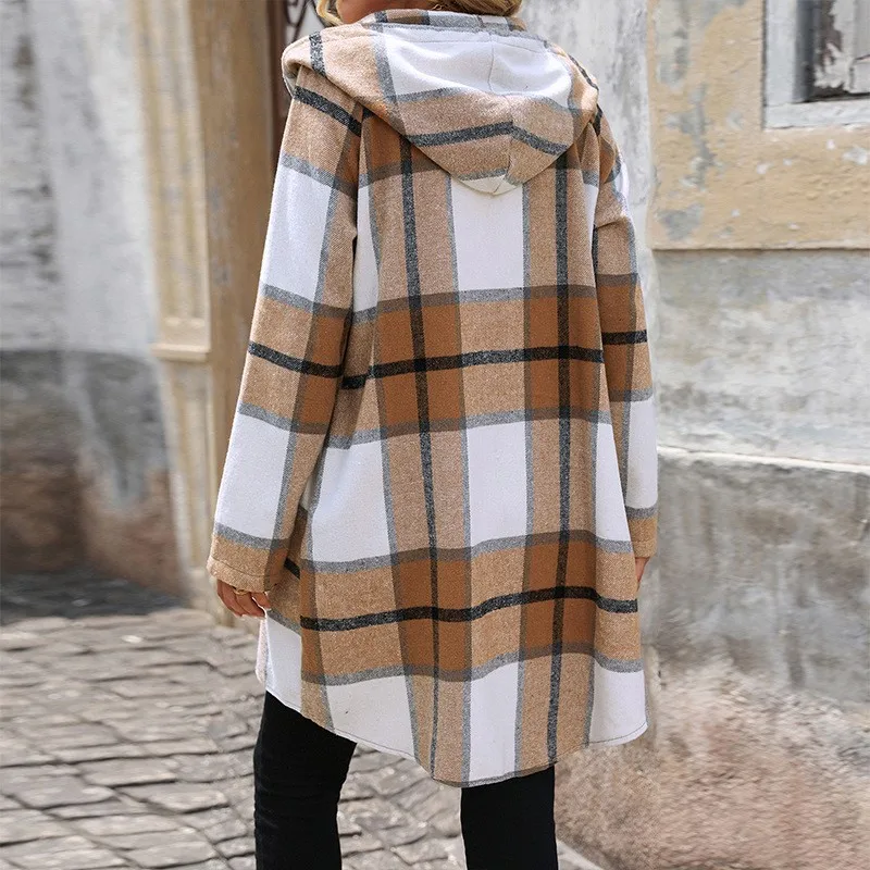 Women\'s Retro Classic Plaid Long Jacket, Hooded Warm Coat, Loose Checkered Shirt Jackets, Button, Autumn, Winter, New, 2024
