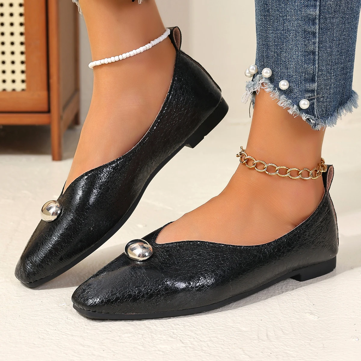 Frauen Wohnungen Plus Größe Französisch Stil Schuhe One Step Flache Karree Loafers Schuhe Vielseitige Bequeme Sommer Turnschuhe Frauen – Detail 2