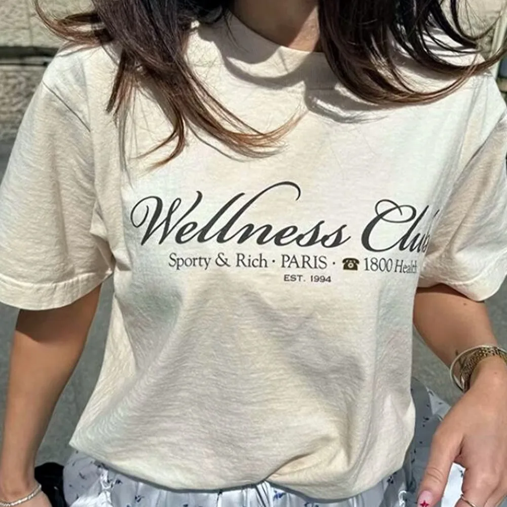 

Wellness Club Paris Letters Printing Vintage Style T Shirts Short Sleeve Loose Cotton Casual Tops Tees 90's Women Fashion Shirts