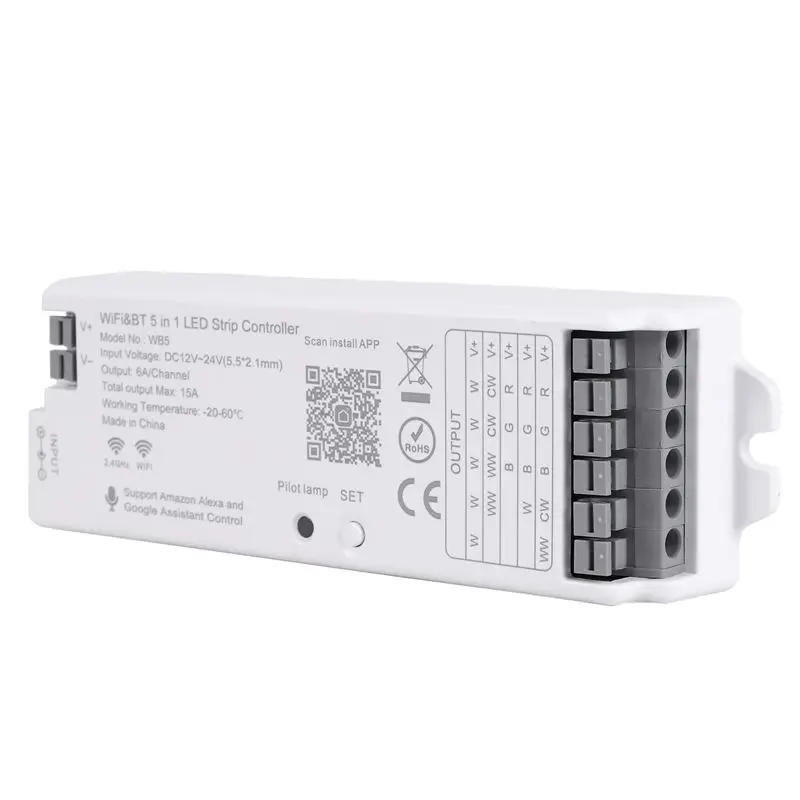 

Контроллер светодиодных лент A42T-WB5 RF Wifi Bluetooth RGB CCT RGBW 5-в-1 с регулировкой яркости, DC12-24V, для приложения Smart Life