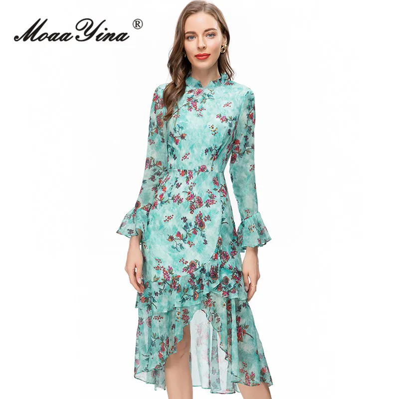 

MoaaYina Summer Fashion Runway Elegant Floral Print Dress Women Flare Sleeve Button Ruffles Package Buttock Slit Slim Long Dress