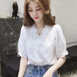 Summer Women V-Neck Blouse Casual Lace Hollow Out Sweet Loose Top Female  Half Sleeves Solid Office Blouse Shirts