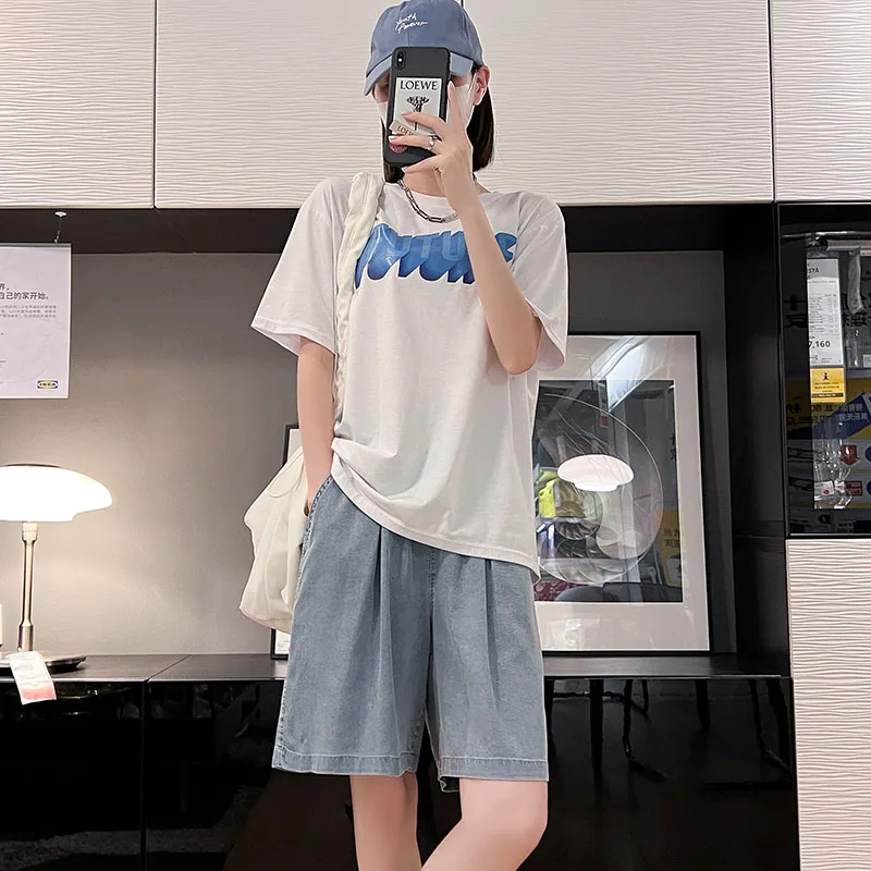 Women'S Summer Thin High Waist Loose Slim Wide Leg Denim Shorts Female Fashion Casual Versatile Elastic Waist 5-Point Pants