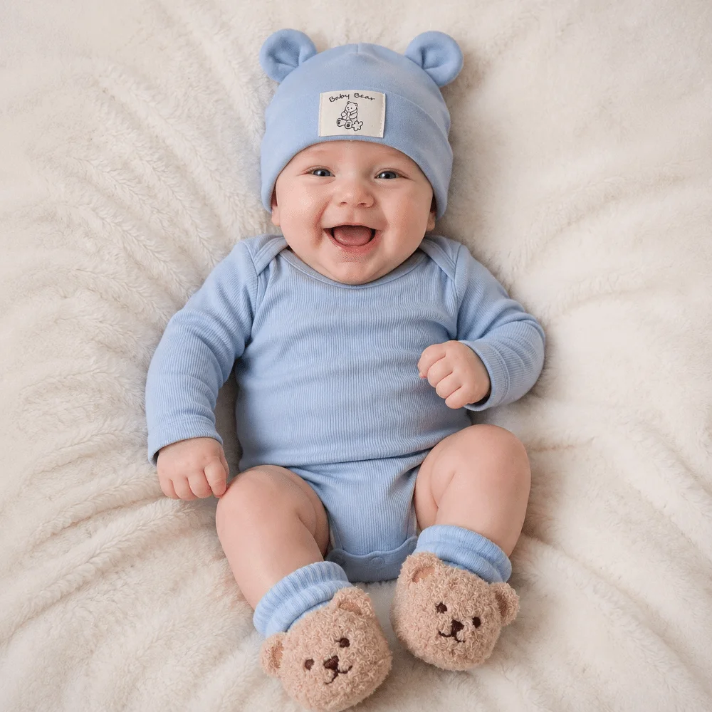 Conjunto de 2 Piezas de Gorro y Calcetines de Algodón para Bebé, Gorro de Orejas de Oso Suave y Cálido, Gorro de Dibujos Animados, Calcetines para Preandantes, Otoño Invierno