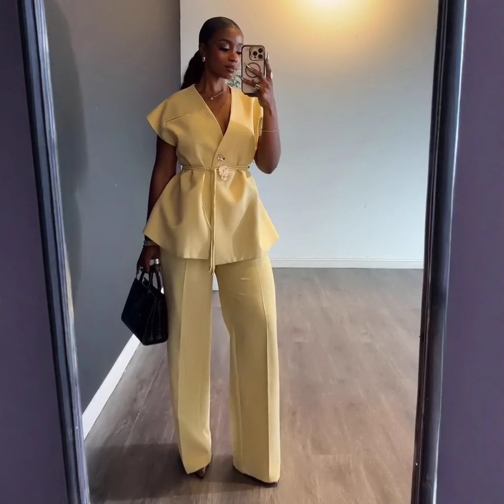 

Women's V-neck Slim Fit Top with Belted Sleeve Long Pants Two-piece Set Casual Style High Waist Wide Leg Pants Autumn Wear