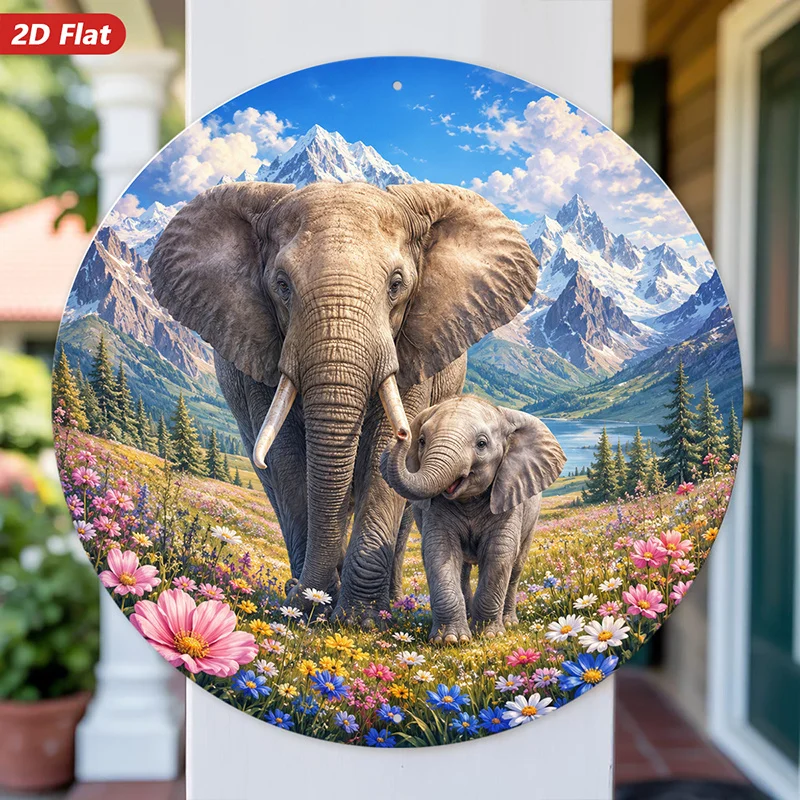 2D Flat, 1pc Elephant Mountain Serenity Round Metal Sign Wall Art, Majestic Elephant Pair, Alpine Wildflower Meadow, Home Decor,