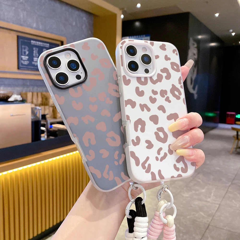 Чехол для телефона 2-в-1 с ремешком на запястье iPhone 17 11 13 12 14 15 16 Pro Max XS XR X 7 8 Plus Air леопардовым принтом и шнурком