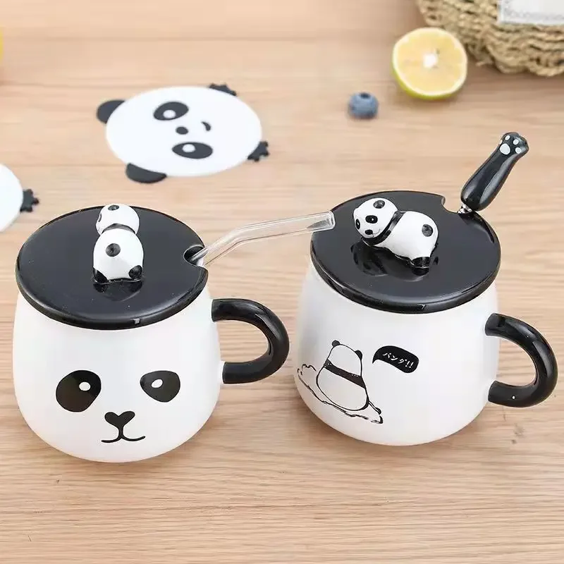 

3D Panda Ceramic Cups with Lids Spoons Straw Creative Mugs Korean Student Home Coffee Milk Water Bottle Holiday Gifts Drinkware