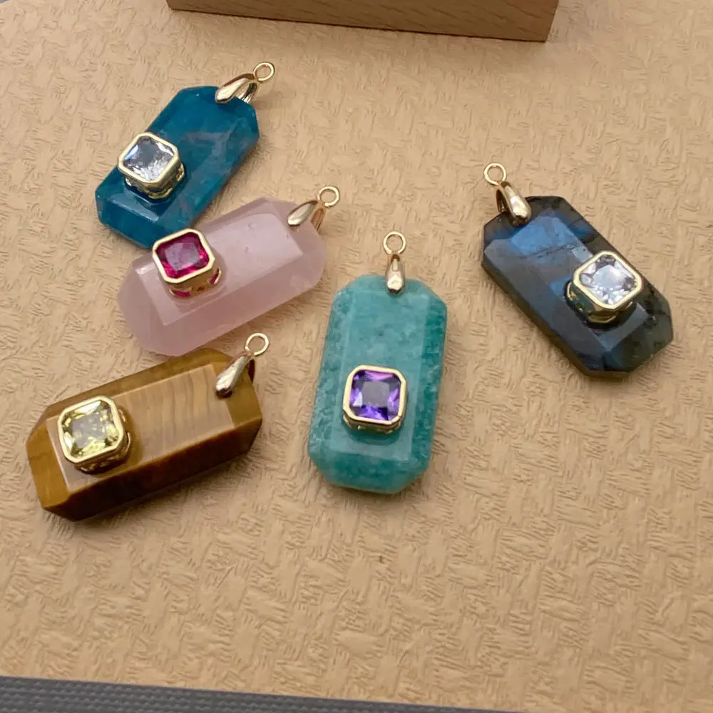 5 Pcs Natural Gemstone Rectangle Shape Apatite Rose Quartz Tiger Eye Amazonite Labradorite Cz Pendant view 6
